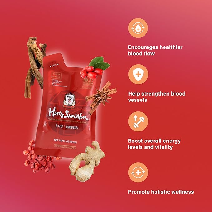 JungKwanJang HongSamWon Korean Red Ginseng Herbal Drink | Energy Drink, Pre Workout, Ginseng Supplement, Herbal Tea | Korean Red Ginseng Extract, Jujube, Ginger, Cinnamon | Vegan Friendly | 20 Count