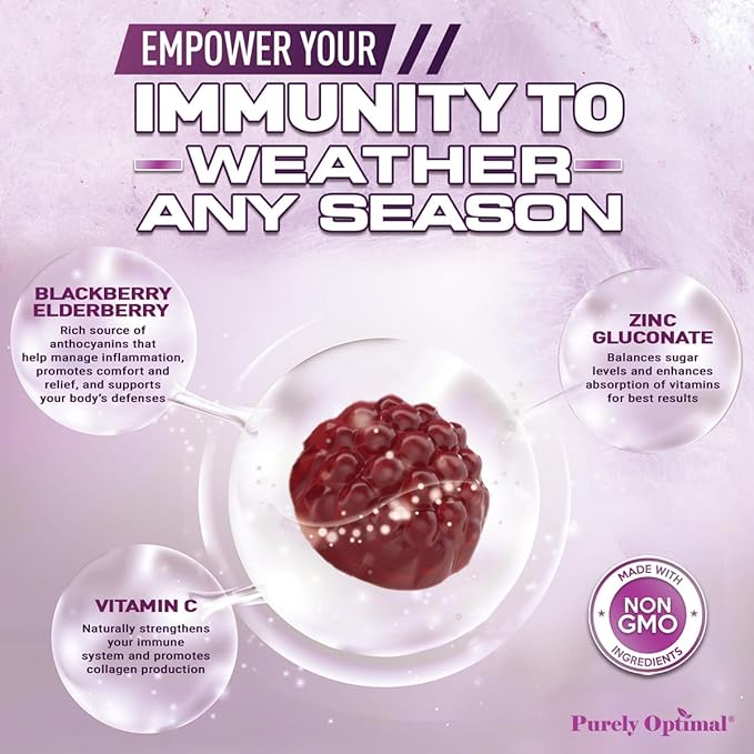 Purely Optimal Elderberry Gummies - Immune Support Supplement with Vitamin C & Zinc, Organic Black Elderberry Extract, Vegan, Non-GMO, Gluten-Free, 60 Count