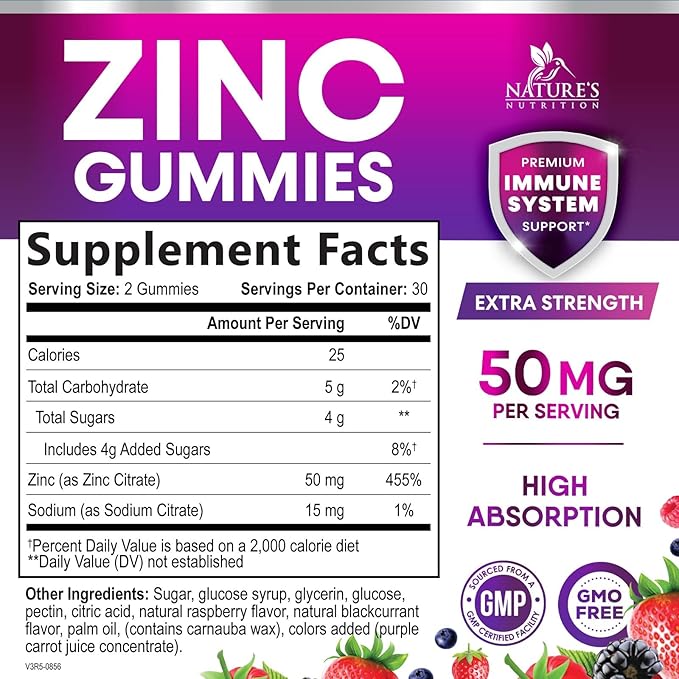 Zinc Gummies 50mg - Bone Skin & Immune Support Health Gummy & Premium Antioxidant Chewable for Adults - High Absorption Vegan, Gluten Free Zinc Supplements Vitamin - Tasty Berry Flavor - 60 Gummies