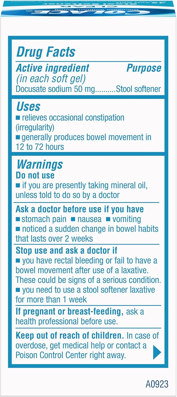 Colace Clear Stool Softener Soft Gel Capsules Constipation Relief 50mg Docusate Sodium Doctor Recommended 42ct