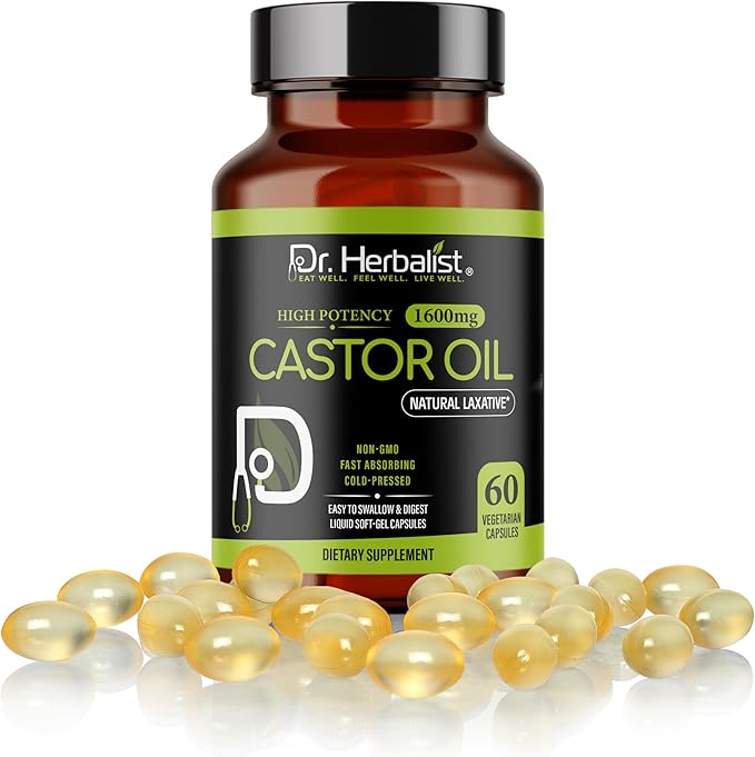 Dr. HERBALIST Castor Oil Capsules - 1600mg per Serving, 60 Count - Non-GMO, Fast-Absorbing, Vegetarian, Cold-Pressed, and High Potency - Supports Skin, Hair, Natural Laxatives and Digestive Health