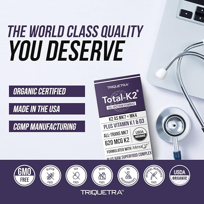 Total K2® | Vitamin K2 as MK7 & MK4 | Plus K1 & Vitamin D3 Cofactor - 620 mcg K2 per Serving - All-Trans MK7 from MenaQ7® - Full-Spectrum Vitamin K - Vegan, Organic Certified (60 Capsules)