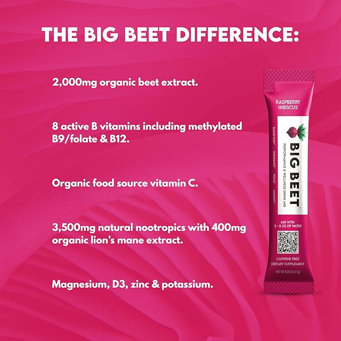 Performance & Wellness Drink Mix | Raspberry Hibiscus | Organic Superfoods | Organic Nootropics | Vitamins & Minerals | Zero Added Sugar | 15 ct.