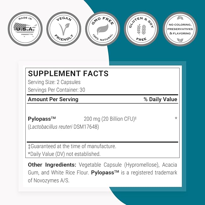 Supersmart H. Pylori Formula 20 Billion CFU per Day - Natural Probiotic Lactobacillus Reuteri DSM 17648 Supplement | Non-GMO & Gluten Free - 60 Vegetarian Capsules