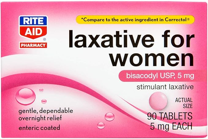 Rite Aid Stimulant Laxative Tablets, Bisacodyl USP, 5 mg - 90 Count | Constipation Relief | Coated for Easy Swallowing | Women Health | Stool Softener