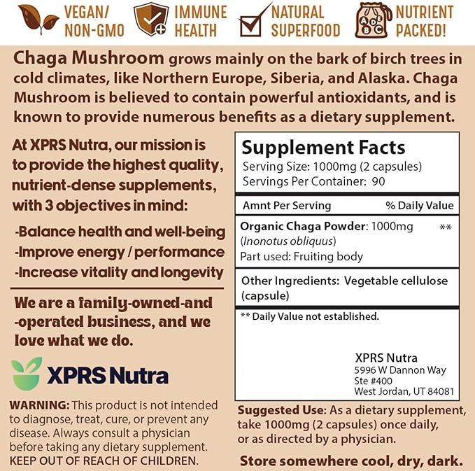 XPRS Nutra Chaga Mushroom Capsules - Premium USDA Chaga Mushrooms Capsules- Encapsulated Chaga Mushroom Powder for an Immunity Boost - Vegan Friendly Superfood for Chaga Tea and Beverages - 180 Count