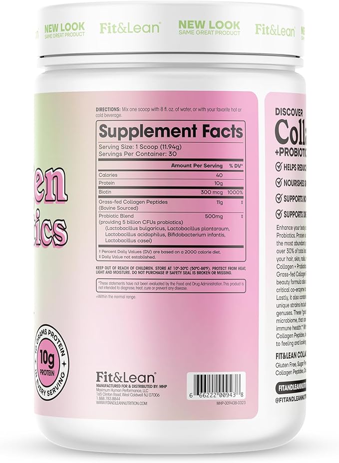 Fit & Lean Collagen + Probiotics- Grass-fed Collagen Peptide Powder, Unflavored, 12.64oz