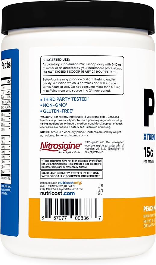 Nutricost Pre-X Xtreme Pre-Workout Complex Powder, Peach Mango, 30 Servings, Vegetarian, Non-GMO and Gluten Free