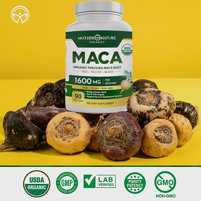 Mother Nature USDA Organic Maca Root Black + Red + Yellow Capsules Peruvian Maca for Men & Women 1600mg, Vegan Pills, Supports Mood, Hormonal Balance Reproduction & Energy (90ct)