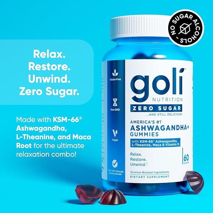 Goli Zero Sugar Ashwagandha & Vitamin D, Maca, L-Theanine Gummies, No Artificial Sweeteners, No Sugar Alcohols. Mixed Berry, KSM-66, Vegan, Plant Based, Non-GMO, Gluten-Free & Gelatin Free. (1)