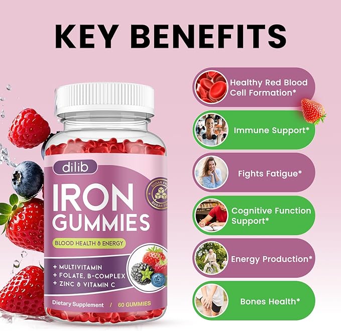 Iron Gummies with Multivitamin, Iron Supplement for Women & Men with Zinc, Vitamin B Complex & C, B12, Folate - Blood Builder & Energy Support for Adults & Kids - Mixed Berry Flavor, Vegan 60 Gummies