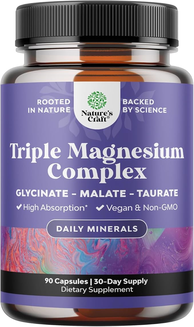 Triple Magnesium Complex Supplement Elemental - High Absorption Magnesium Taurate and Glycinate Plus Malate Blend for Sleep Muscle Bone Mood and More - Non GMO Vegan 90CT