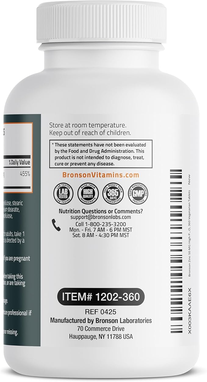 Bronson Zinc 50 MG High Potency One Year Supply Supports Immune, Antioxidant & Skin Health - Non-GMO, 360 Vegetarian Tablets