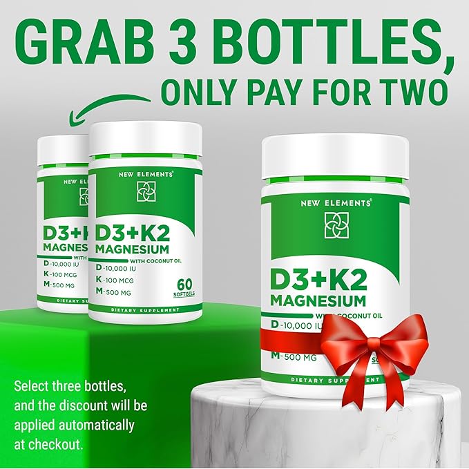 Vitamin D3 K2 10000iu with Magnesium Glycinate 500mg - Bone Health, Immune Support, Energy & Mood - Non-GMO, Gluten-Free, Sugar-Free Softgels for Women & Men