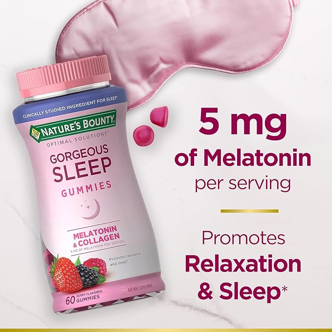 Nature's Bounty Optimal Solutions Gorgeous Sleep Melatonin 5mg Gummies with Collagen, 60 Count, Assorted Fruit Flavors, 30 Total Servings