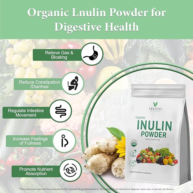 Organic Inulin Powder, Pure Inulin Prebiotic Supplement Natural Soluble Fibers Sweetener for Digestive Function, Unflavored & Unsweetened Superfood for Smoothie, Gluten Free, Vegan, 2.2 lb