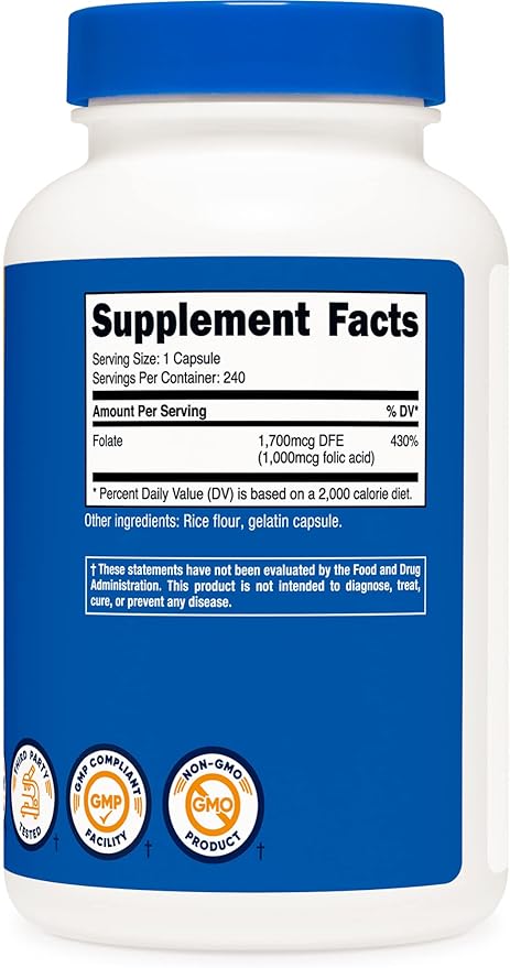Nutricost Folic Acid (Vitamin B9) 1000 mcg, 240 Capsules (2 Bottles)