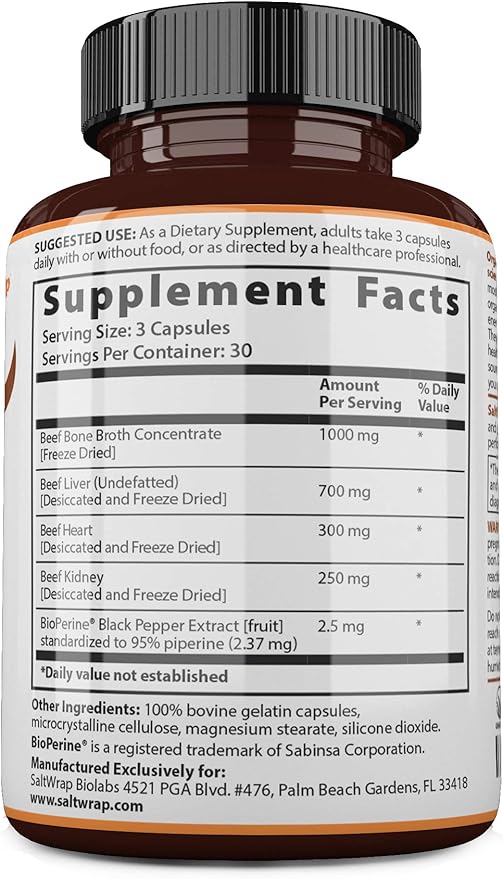 SaltWrap Organ Therapy - Grass Fed Beef Organ Meat Complex Supplement with Organic Bone Broth Concentrate (Beef Liver, Heart, Kidney and Bone Broth Capsules with BioPerine) Desiccated, 90 Capsules
