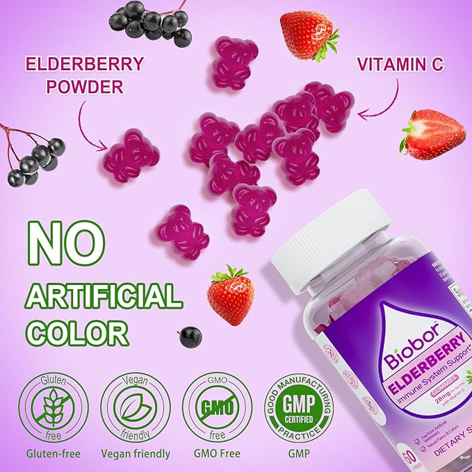 Natural Elderberry Gummies, Daily Immune Support Gummies with Vitamins C for Adults and Children Ages 4 Up, Gluten Free Vegan Elderberry Supplement (Strawberry, 60 Count)