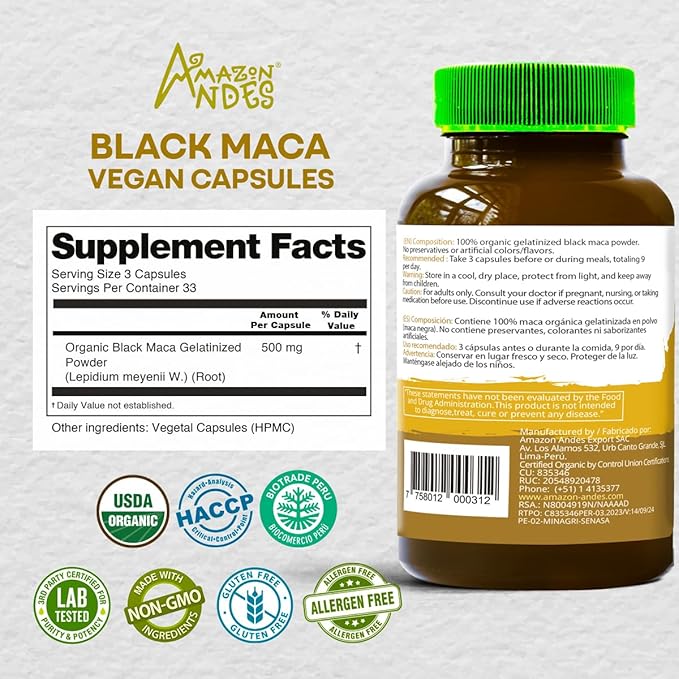Black Maca Root Capsules l Organic Vegan Pills l 1500mg per Serving l Reproductive Health for Men l Natural Energy Booster l Adaptogen Function l Non GMO and Gluten Free l Amazon Andes