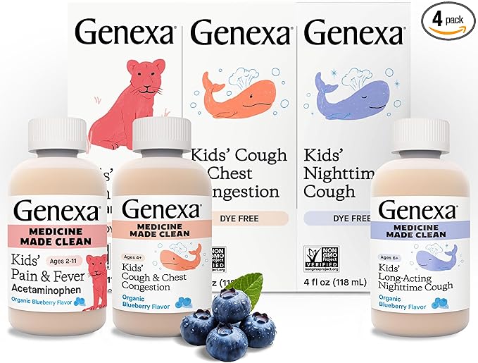 Genexa Kids' Clean Cough Medicine & Honey Cough Syrup, Pain & Fever Reducer Value 4-Pack, Dye Free, 0% Artificial Additives, Cough Care for Children, Fever & Pain Reliever, 16 fl oz (4 Bottles)