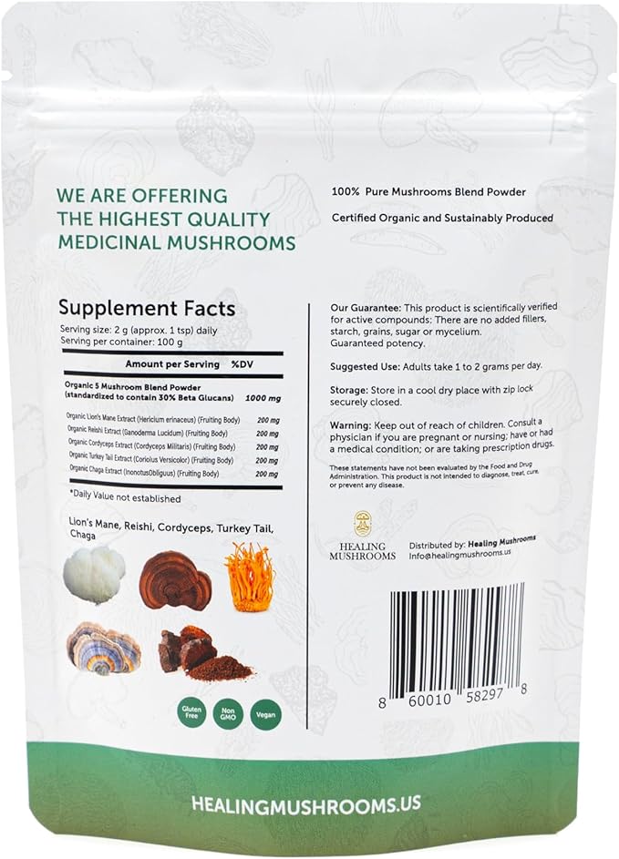 5 Mushrooms Power Bland, Organic Powder with Lions Mane, Reishi, Cordyceps, Turkey Tail, Chaga. 100 Grams
