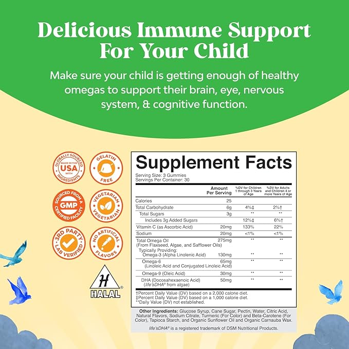 Kids DHA Omega 3 Gummies for Kids - Delicious Fish Free DHA Omega 3 Gummies with Vegetarian 6 9 for Vision Brain & Immunity - Non GMO Supplement Fish & Gluten Free 1 Month