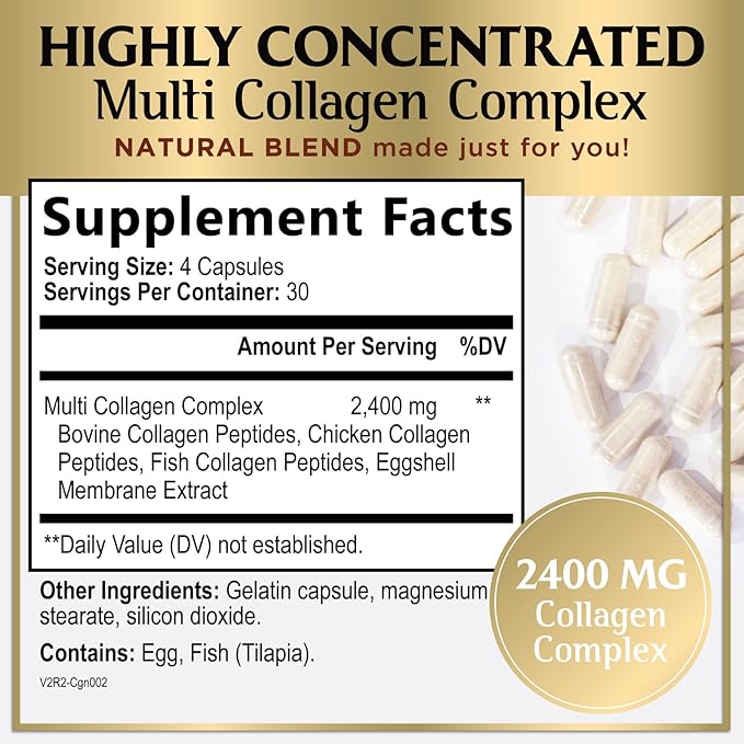 Collagen Peptides for Women – 2400mg Per Serving – Multi Collagen Capsules with Types I, II, III, V & X – Hydrolyzed Collagen Supplement Vital Hair, Skin, Nails, Joints & Bones Support – 120 Capsules