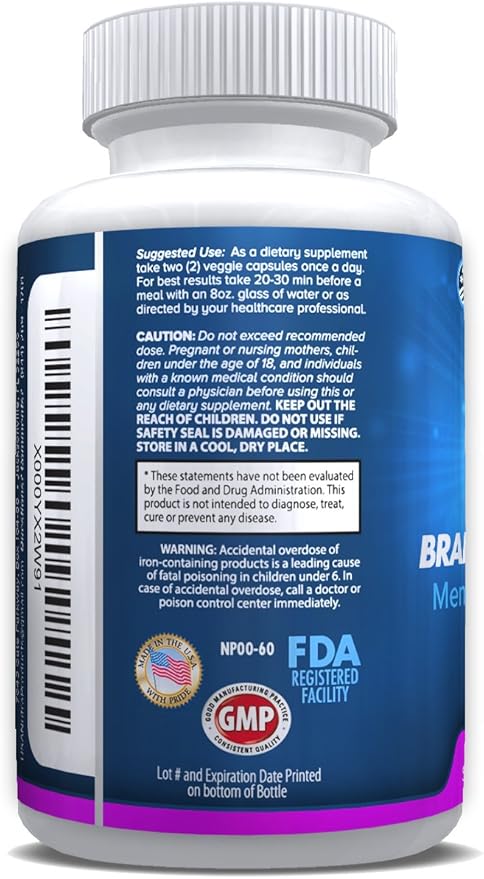 Brain Support Plus Brain Supplement for Memory and Focus, Nootropics for Concentration and Mental Clarity, Brain Vitamins B1, B6, B12, Phosphatidylserine, 1000mg, 60 Capsules, Made in The USA.