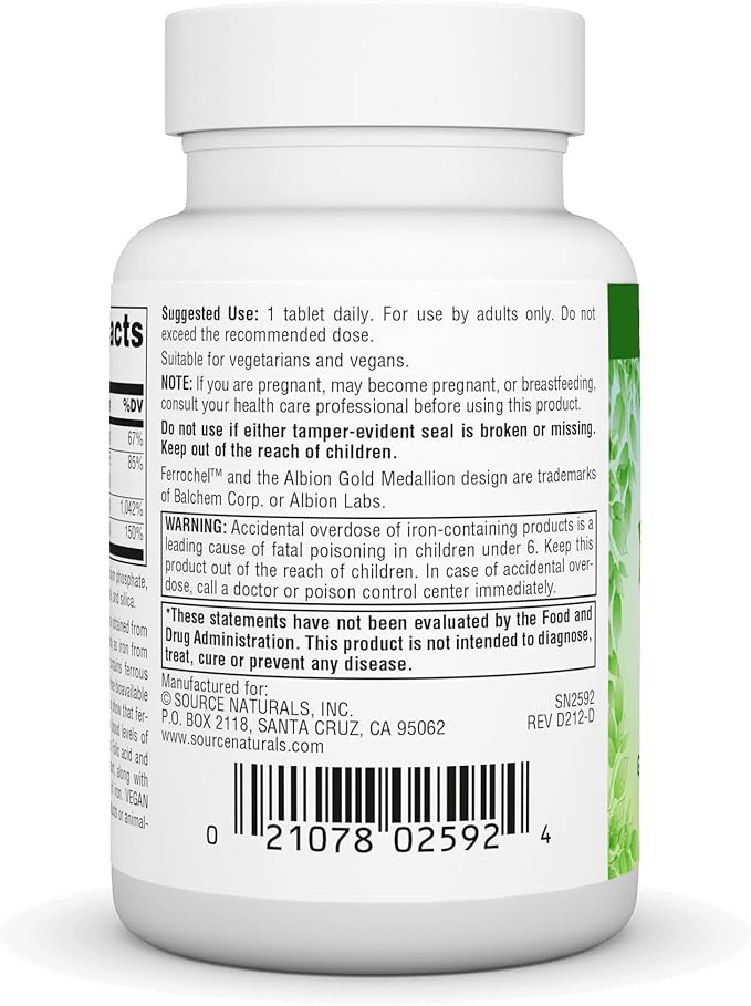 Source Naturals Vegan True Iron Support, Gentle on The Stomach and Chelated for Increased Absorbtion* - 180 Tablets