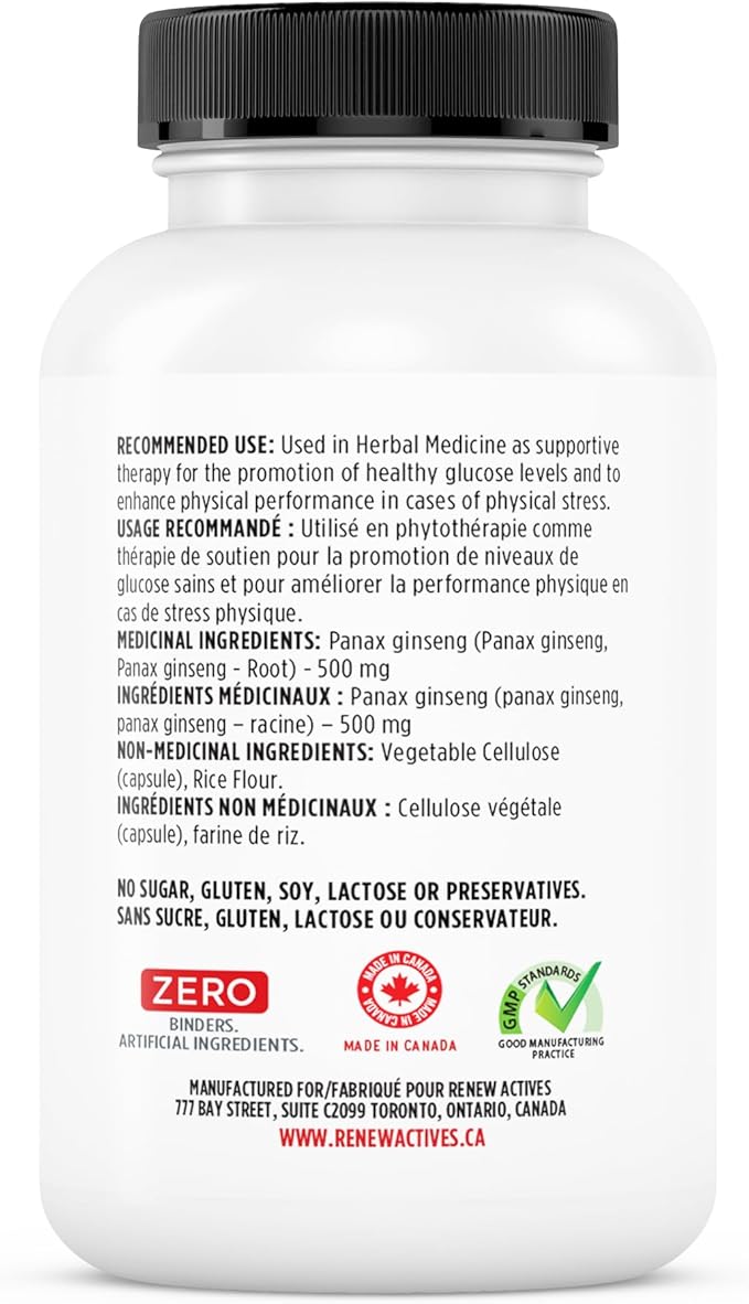 RENEW ACTIVES Panax Ginseng 1000MG per 2 Capsules – Boosts Physical & Cognitive Health, Enhances Energy, Supports Mental Clarity & Focus, Promotes Performance & Vitality – Made in Canada – 60 Capsules