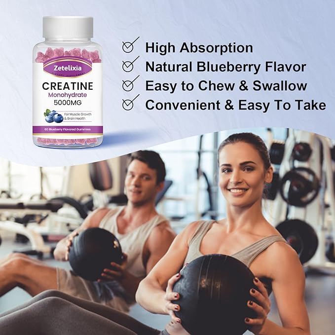 2 Pack Creatine Monohydrate Gummies 5g for Men & Women, Chewables Creatine Monohydrate for Muscle Strength & Muscle Builder, Vitamin B12 for Energy Support, Blueberry Flavor, 120 Count