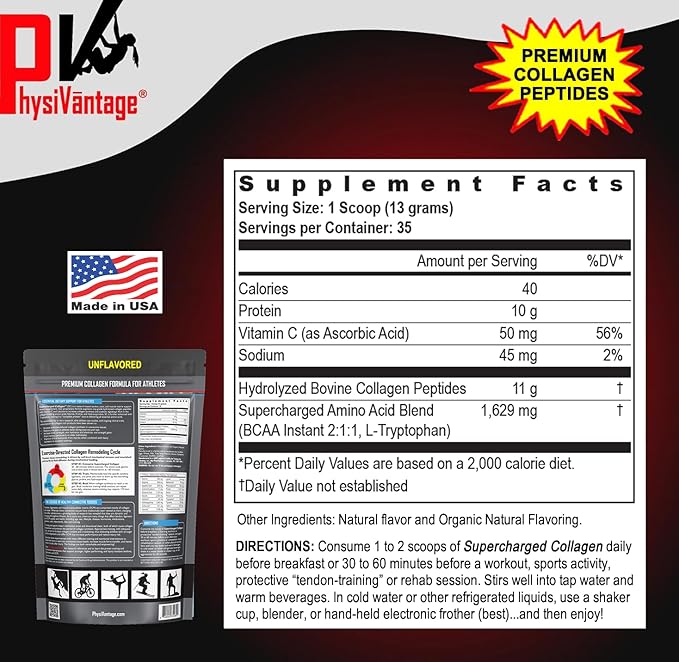 PhysiVantage Supercharged Collagen Peptides Powder - Hydrolyzed Collagen for Joint, Tendon, Ligament, & Skin Health Support - Pomegranate, Keto, Paleo, 16oz | Enhanced with Vitamin C, BCAAs, Grass-Fed