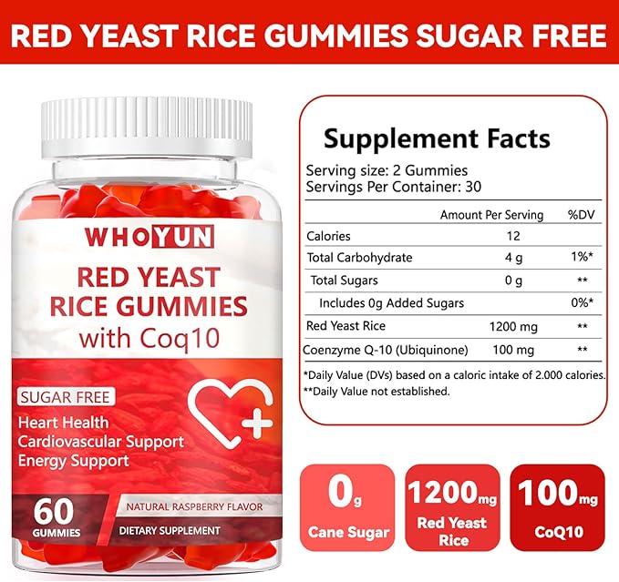 Red Yeast Rice with Coq10 Gummies Sugar Free, Red Yeast Rice Supplement