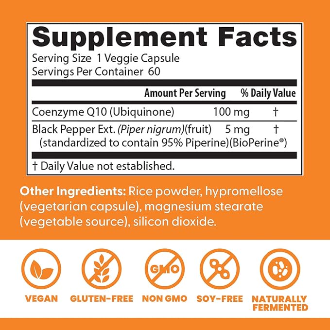 Doctor's Best High Absorption CoQ10 with BioPerine, Vegan, Gluten Free, Naturally Fermented, Heart Health & Energy Production, 100 mg 60 Veggie Caps