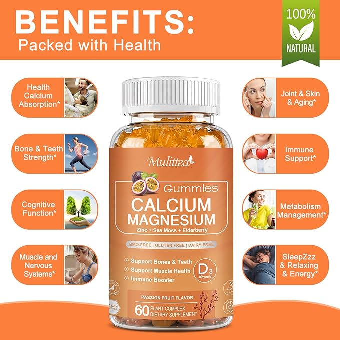 Calcium Gummies with D3,K2,Zinc - Plant Complex Calcium Magnesium Supplement with Glycinate,Potassium,Vitamin C &Whole Natural Food for Bone & Immune Support- 60 Chewable Gummy Sugar-Free
