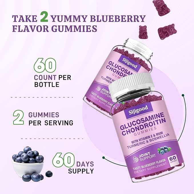 2 Pack Glucosamine Chondroitin Gummies, Extra Strength Glucosamine Chondroitin MSM with Elderberry & Turmeric, Joint Health, Flexibility, Antioxidant, Immune for Adults-Blueberry Flavored, 120 Gummies