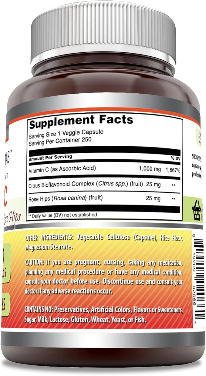 Amazing Formulas Vitamin C (Ascorbic Acid) 1000 mg with Rose HIPS & Citrus Bioflavonoids | Veggie Capsules Supplement | Non-GMO | Gluten Free | Made in USA (250 Count)