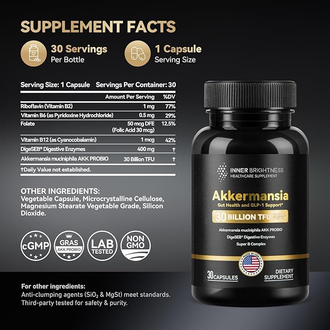 Akkermansia Probiotic, GLP-1 Supplement for Gut Health & Digestion, DigeSEB Digestive Enzymes & Vitamin B Complex - 30 Billion TFU, Third-Party Tested, 30 Capsules - 1 Month Supply for Men & Women