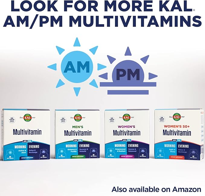 KAL Plus 2-in-1 Multivitamin for Women 50+, AM/PM Vitamin B and D, Biotin, Ginkgo Biloba, Bone Strength and Immune Support, Made Without GMOs and Soy, Vegan, 30 Servings, 120 Tablets
