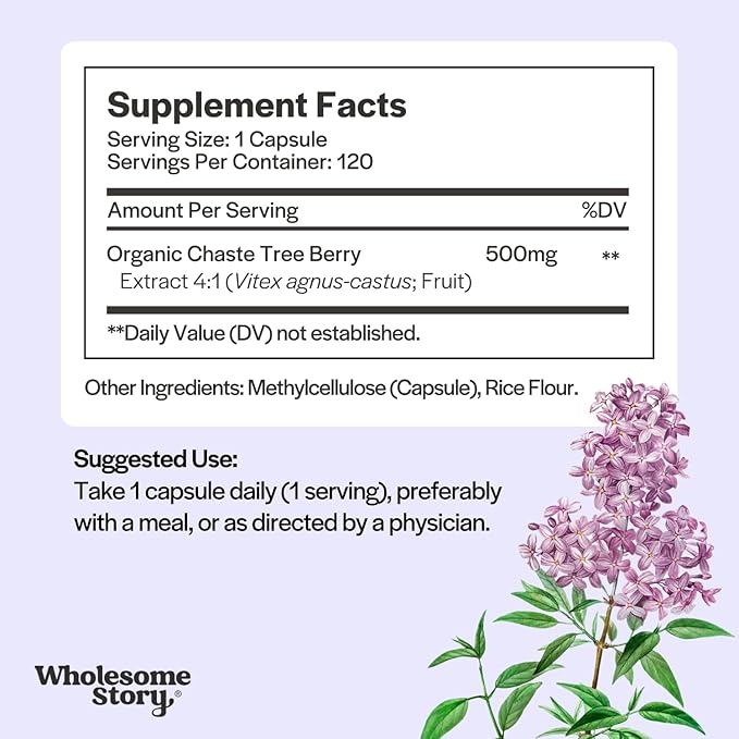 Wholesome Story Organic Vitex Chasteberry Supplement for Women | Vitex Berry Agnus Castus | Chaste Tree Berry Supplement | Hormone Balance & Fertility Support | 120 Capsules