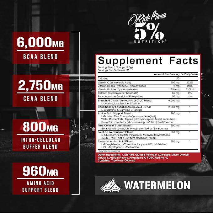 5% Nutrition Rich Piana AllDayYouMay BCAA Powder | Premium Intra & Post Workout Amino Acids, Hydration, Endurance, Muscle Recovery, Joint & Liver Support | 15.3 oz, 30 Servings (Watermelon)