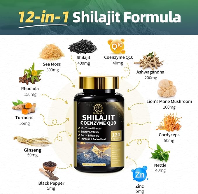 Shilajit for Men, Sea Moss and Shilajit Bundle, All in 1 Supplements with Coenzyme Q10, Black Seed, Ashwagandha, Taurine, Burdock for Energy, Endurance, Antioxidant & Immune Support, 240 Capsules