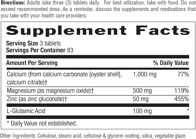 Country Life Calcium Magnesium Zinc with Vitamin D3 and L-Glutamic Acid, Dietary Supplement for Bone Support, Certified Gluten Free, 1000mg/500mg/50mg, 250 Tablets