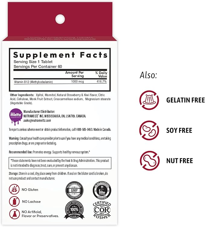 Vitamin B12 1000 mcg – Methylcobalamin B12 Enhances Energy, Cognition, Red Blood Cell Production Quick Dissolving Tablets for Vitamin Deficiency – Strawberry & Kiwi Flavor (60 Tablets)