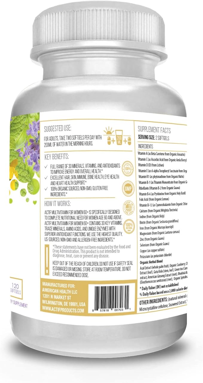 ACTIF Multivitamin for Women Age 60+ with 30 Organic Vitamins and Organic Herbs, Non-GMO, Made in USA, 2-Month Supply