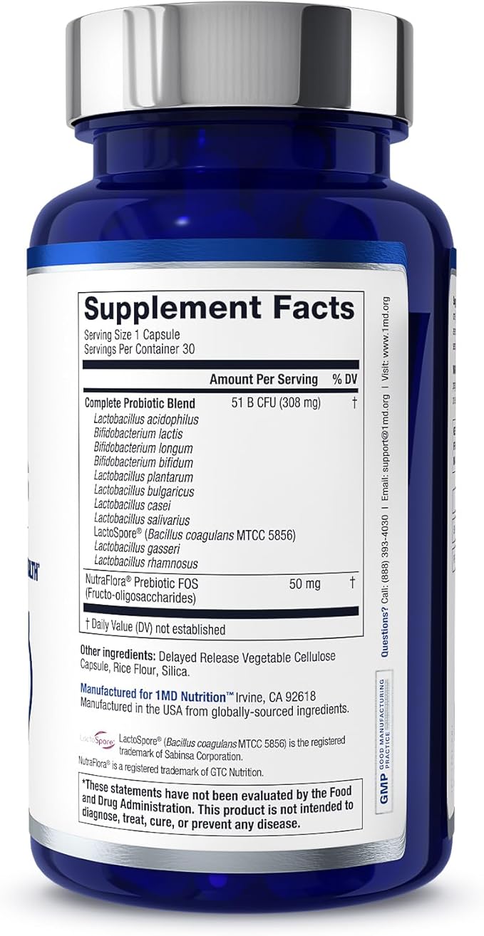 1MD Complete Probiotics Platinum | Supports Digestive Health | with Nourishing Prebiotics, 51 Billion Live CFU, 11 Strains, Dairy-Free | 30 Vegetable Capsules (2-Pack)