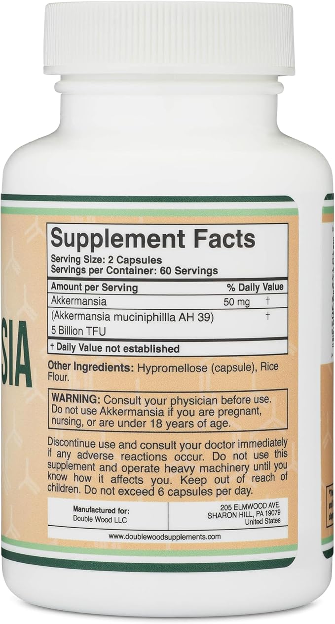 Akkermansia Probiotic and Postbiotic (Increases GLP-1 Production) 120 Capsules, 50mg per Serving (Third Party Tested to 5 Billion TFU per Serving, 50 Billion CFU per Gram) by Double Wood