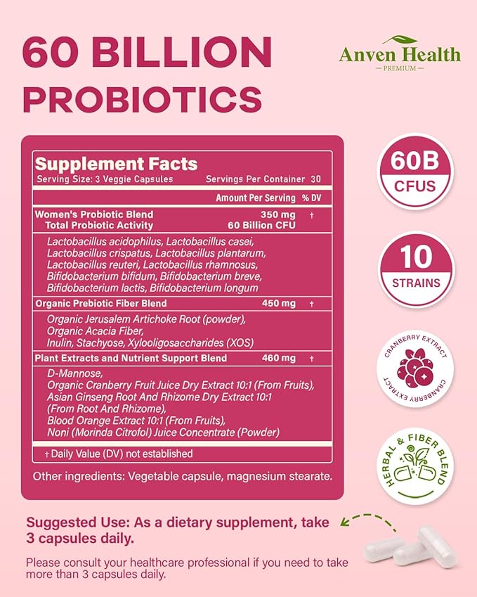 Probiotics for Women Digestive Health - 60 Billion Vaginal Probiotic Organic Prebiotics with Cranberry & D-Mannose for Gut, Urinary, Immune Health, Vegan & Non-GMO | 90 Capsules
