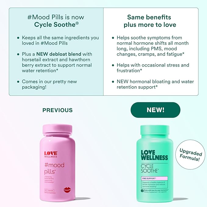 Love Wellness Cycle Soothe Supplement | Promotes a Happy Mood | Helps with PMS Hormones, Stress Relief, & Improves Mood | 60 Capsules
